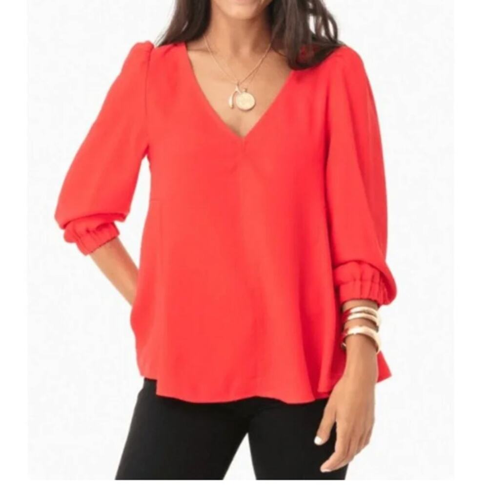 Tuckernuck Long Sleeve V Neck Blouse Poppy Red Large